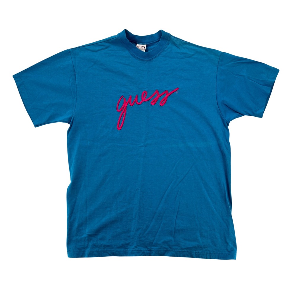 VTG 90s Guess Georges Marciano USA Script Logo Tee Men L/XL‎ Blue Single Stitch - Picture 1 of 9
